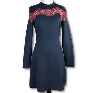 Sandro Paris Jaisy marine Lace Inset Dress size 1 36 S navy blue red floral lace